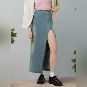 Zipper High-Rise Asymmetrical Cutout Slit Bent Seam Denim Retro Jean Midi Skirt